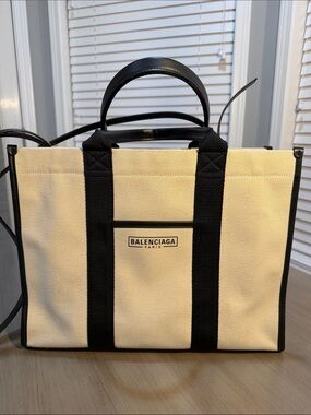 Balenciaga Cream & Black Canvas  Tote with Leather Trim